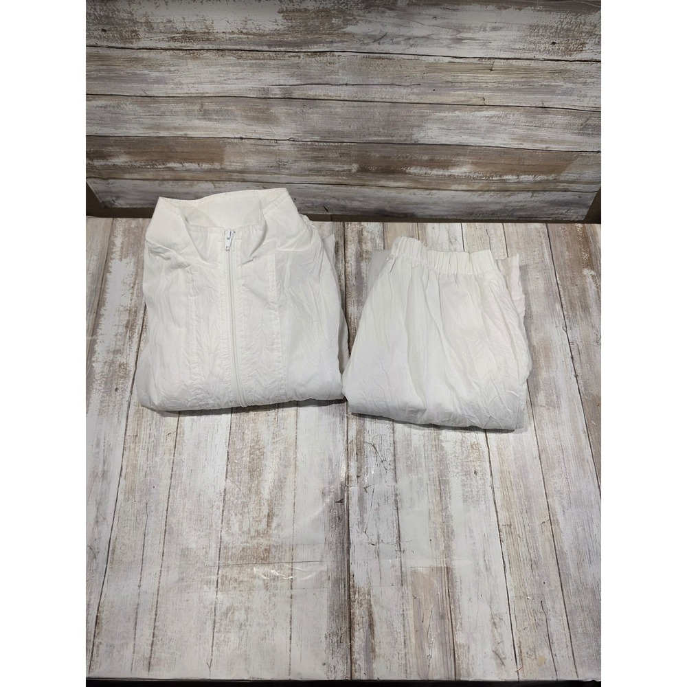 Vintage White‎ Crinkle Tracksuit Set Zip Up Windbreaker & Pants Womens READ